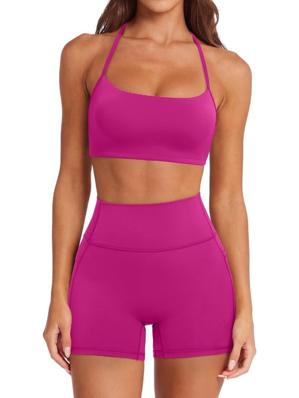 Stylish 2-Piece Workout Set: Padded Halter Sports Bra & High-Waisted Biker